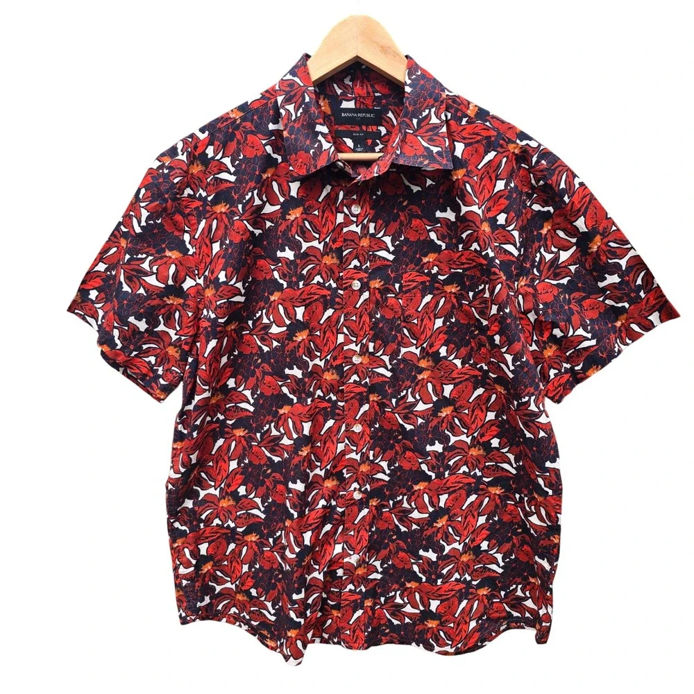 Banana Republic Slim Fit Short Sleeve Floral Shirt Red Mens Size Large